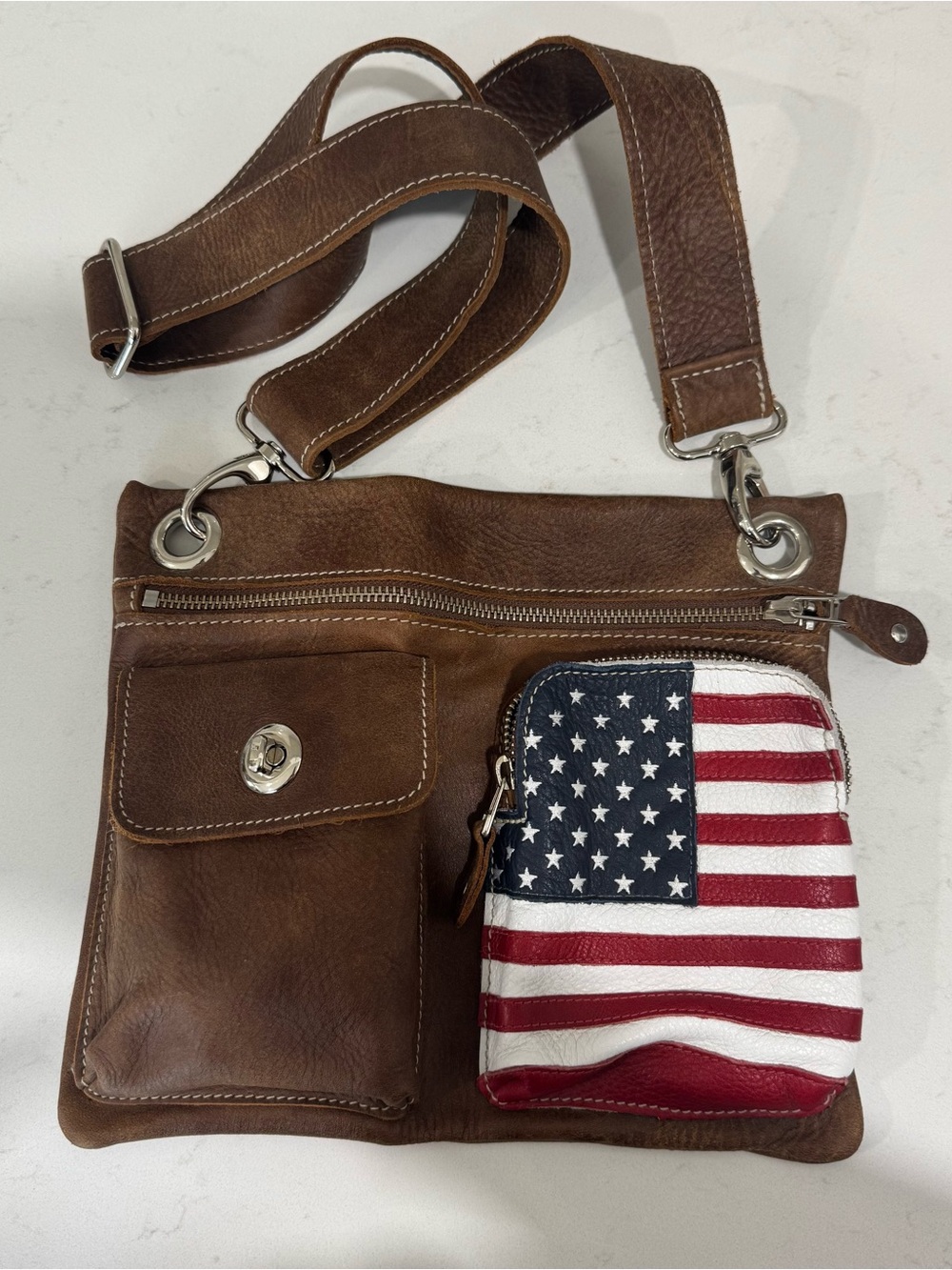 Brown Roots Village Tribe Leather Crossbody Purse with American Flag Pocket